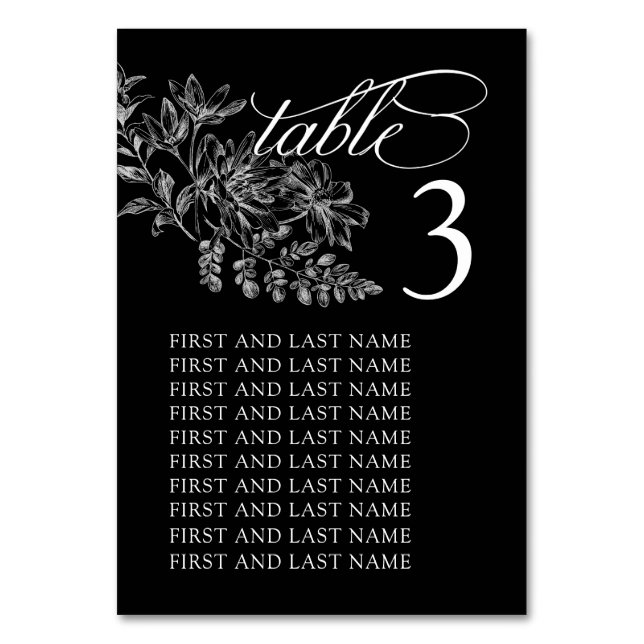 Elegant Black and White Wedding Table Number Card (Front)