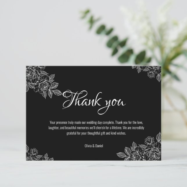 Elegant Black and White Wedding Thank You Card (Standing Front)