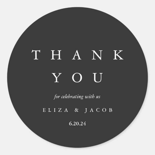 Elegant Black and White Wedding Thank You Classic Round Sticker (Front)