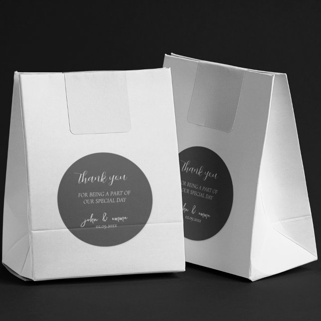 Elegant Black and White Wedding Theme Classic Round Sticker (Thank you sticker on a gift makes your guests happy)