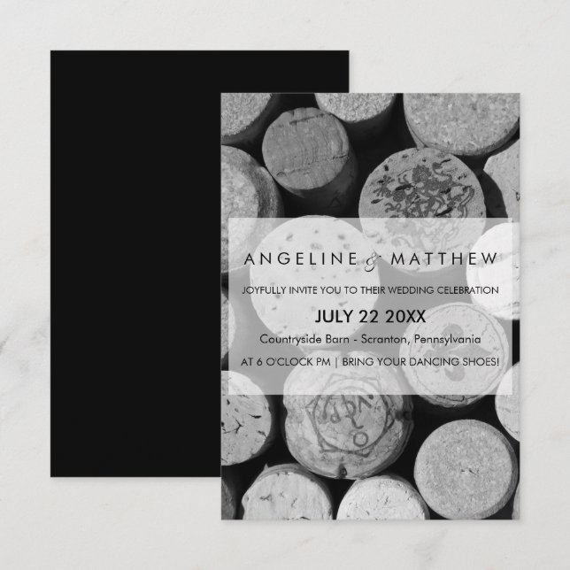 Elegant Black and White Wine Cork Wedding Card (Front/Back)