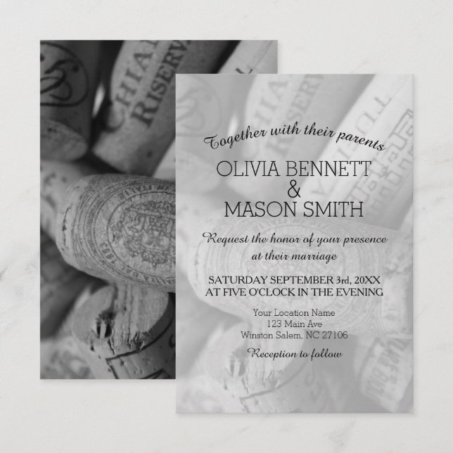 Elegant Black and White Wine Cork Wedding Card (Front/Back)