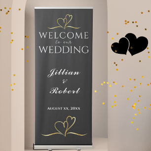 Elegant Black and White With Gold Hearts Wedding Retractable Banner