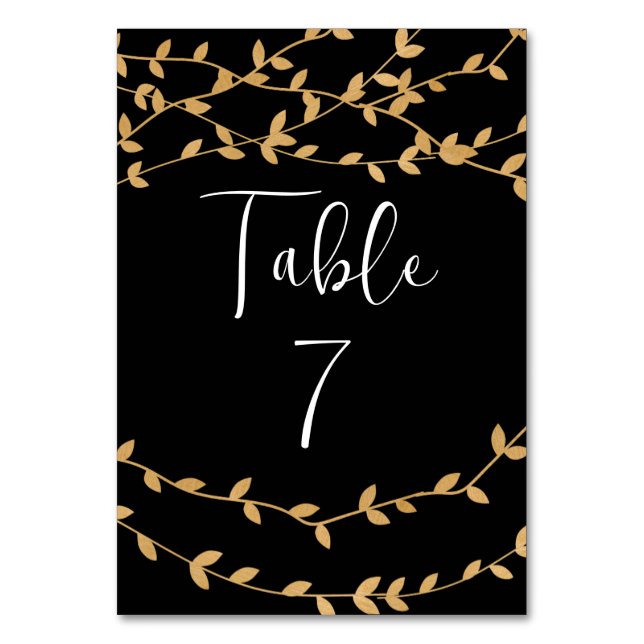 Elegant Black and White with Gold Leaves Wedding Table Number (Front)