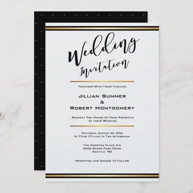 Elegant Black and White With Gold Wedding Invitation (Front/Back)