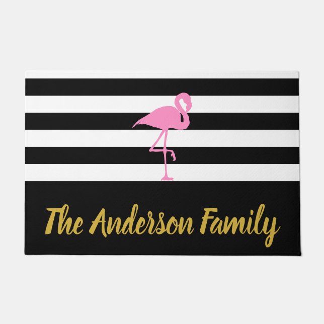 Elegant Black and White with Pink Flamingo Doormat (Front)