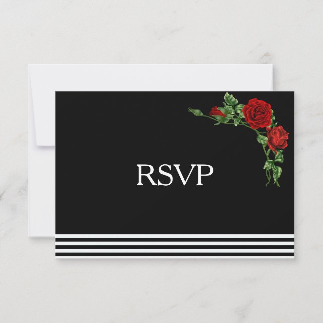 Elegant Black and White with Red Rose RSVP Card (Front)