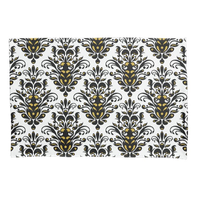 Elegant  black and white with touch of gold damask pillowcase (Front-Left)