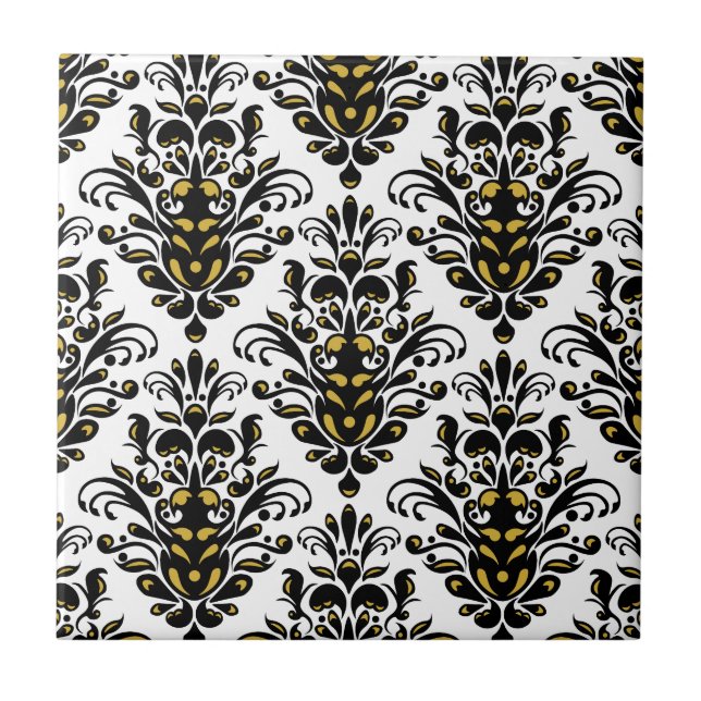 Elegant  black and white with touch of gold damask tile (Front)