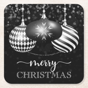 Elegant Black and Whtie Baubles Merry Christmas Square Paper Coaster