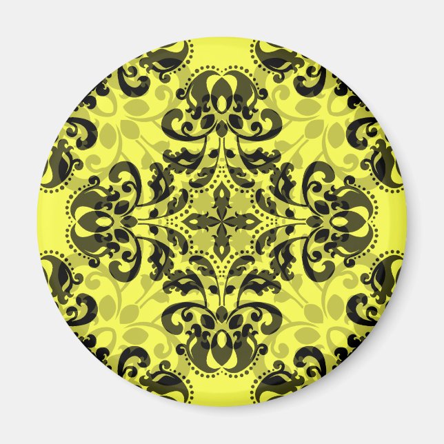 Elegant black and yellow damask magnet (Front)