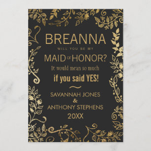 Elegant Black and Yellow Gold Floral Maid of Honou Invitation
