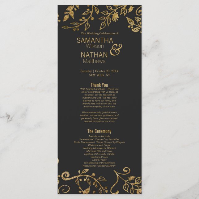 Elegant Black and Yellow Gold Floral Programs Programme (Front)