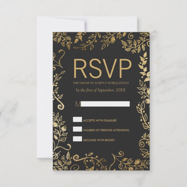 Elegant Black and Yellow Gold Floral RSVP Cards (Front)