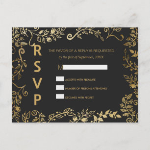 Elegant Black and Yellow Gold Floral RSVP Postcard