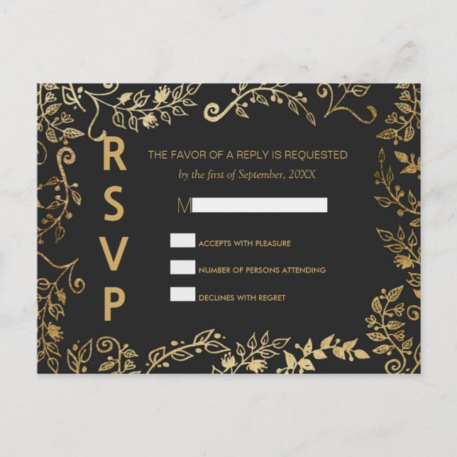 Elegant Black and Yellow Gold Floral RSVP Postcard (Front)