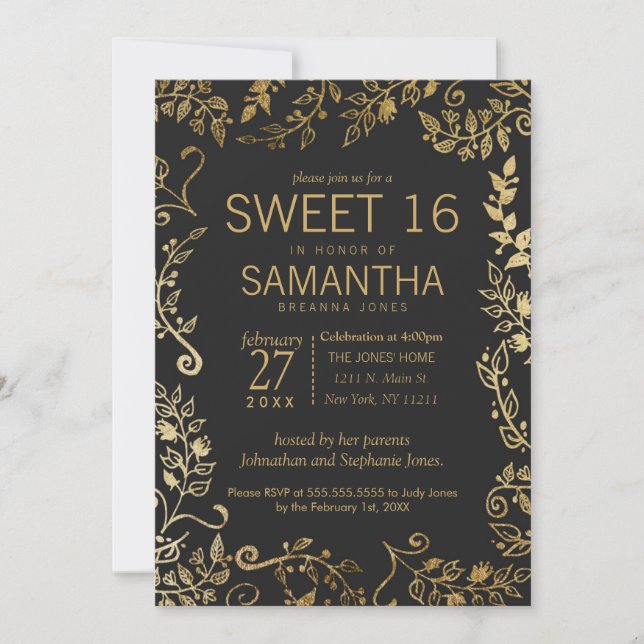 Elegant Black and Yellow Gold Floral Sweet 16 Invitation (Front)