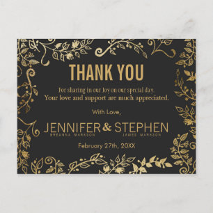 Elegant Black and Yellow Gold Floral Thank You Postcard