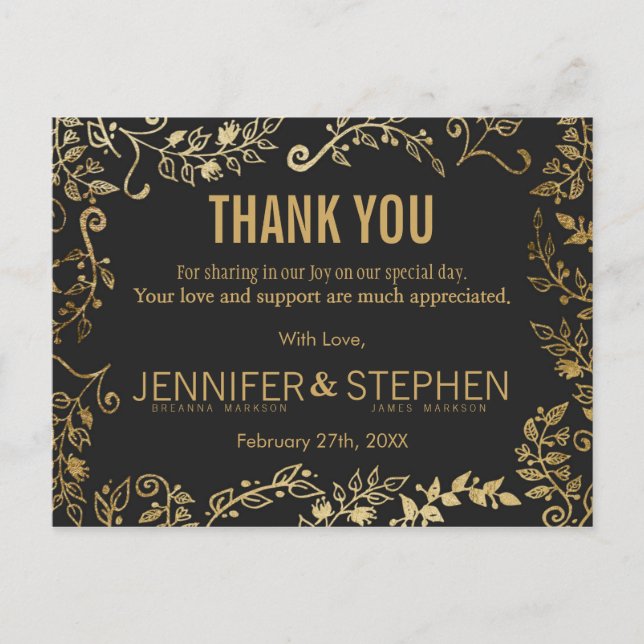 Elegant Black and Yellow Gold Floral Thank You Postcard (Front)
