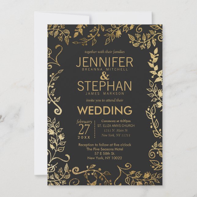 Elegant Black and Yellow Gold Floral Wedding Invitation (Front)