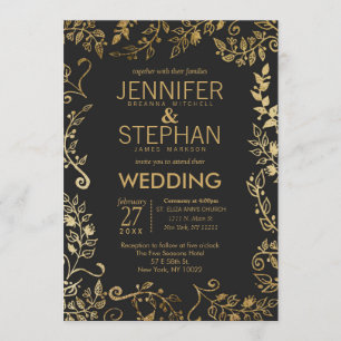Elegant Black and Yellow Gold Floral Wedding Invitation