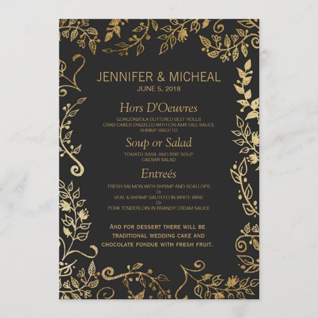 Elegant Black and Yellow Gold Floral Wedding Menu (Front)