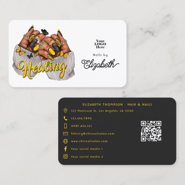 Elegant Black and Yellow Healing Nail Salon Brand Business Card (Front/Back)