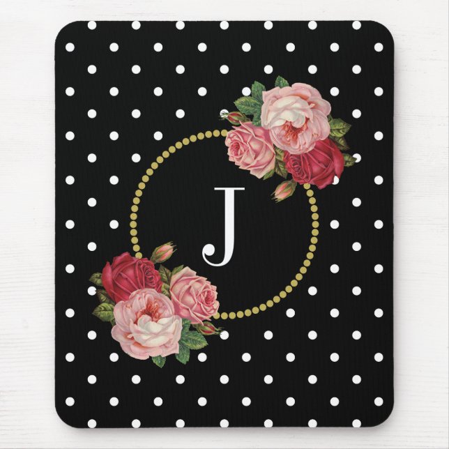 Elegant Black Antique Floral Polka Dots Monogram Mouse Mat (Front)