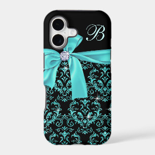 Elegant Black Aqua Damask Diamond Bow Monogram