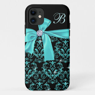 Elegant Black Aqua Damask Diamond Bow Monogram iPhone 11 Case