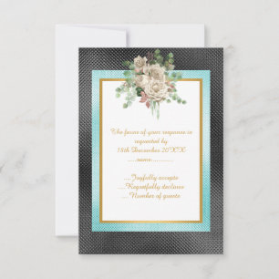 ELEGANT BLACK AQUA EMBOSSED FLORAL CUSTOM RSVP