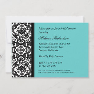 Elegant Black Aqua Floral Damask Bridal Shower Invitation