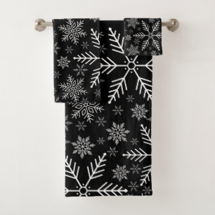 Elegant Black Aqua White Winter Snowflake  Bath Towel Set