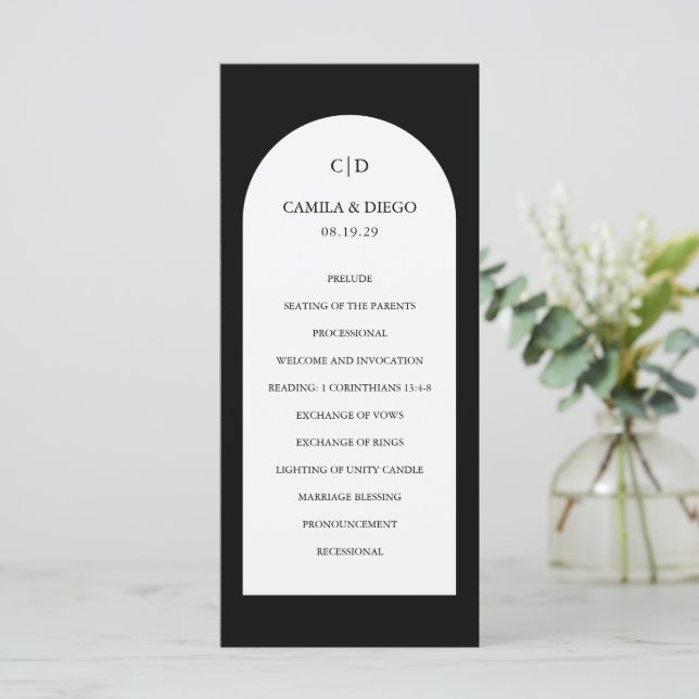 Elegant Black Arch Modern Wedding Programme (Standing Front)