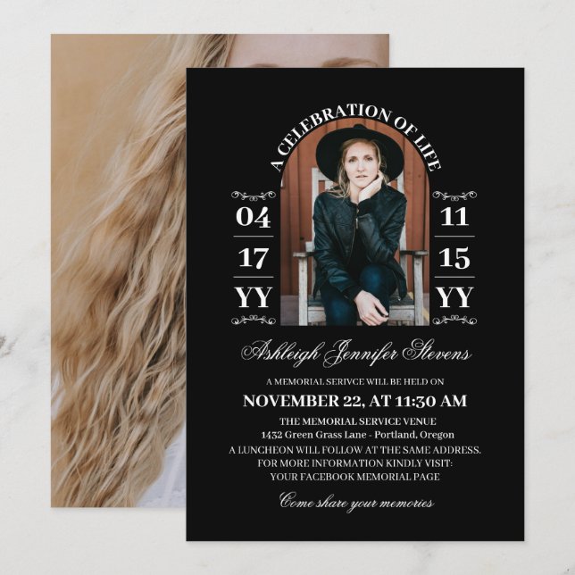 Elegant Black Arch Photo A Celebration of Life Invitation (Front/Back)