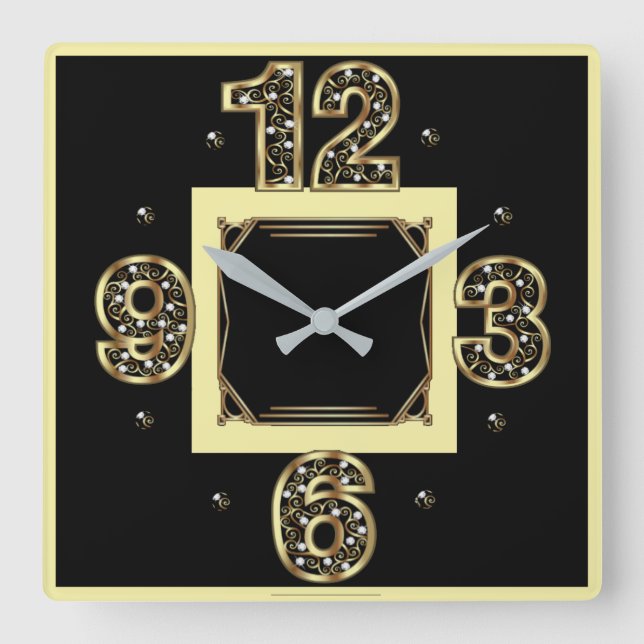 Elegant black Art Deco Square Wall Clock (Front)