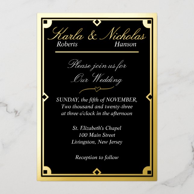 Elegant Black Art Deco Wedding  Foil Invitation (Front)