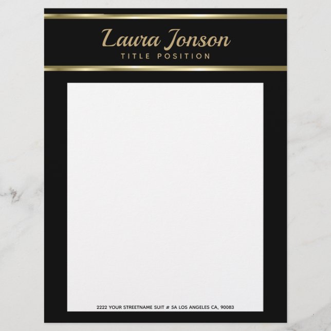 Elegant Black Background And Gold Stripes Letterhead (Front)