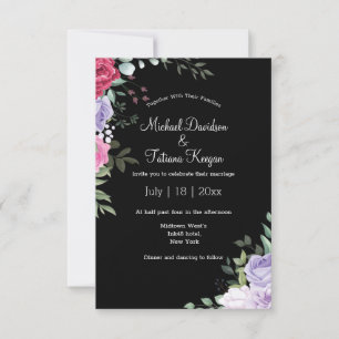 Elegant Black Background Watercolor Floral Wedding Invitation