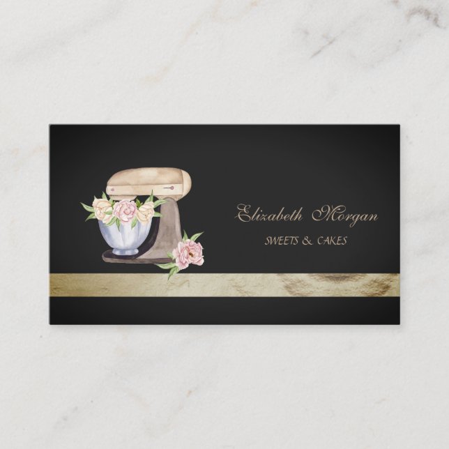 Elegant  Black Bakery Mixer Flowers Business Card (Front)