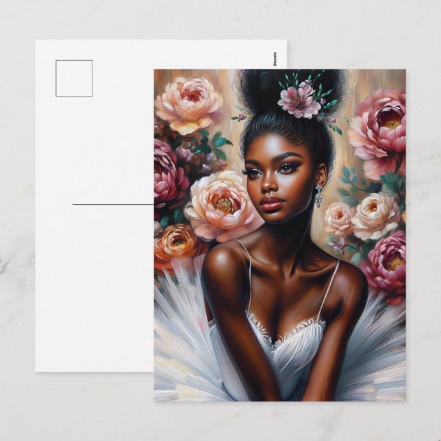 Elegant Black Ballerina with Peony Flowers Holiday Postcard (Front/Back)