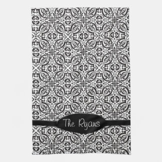 Elegant Black Baroque Damask Monogram Tea Towel