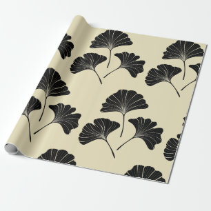 Elegant black beige ginkgo leaves wrapping paper