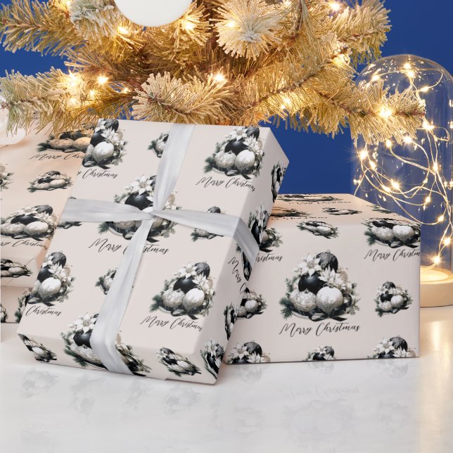 Elegant black beige ivory Christmas ornament Wrapping Paper (Holidays)