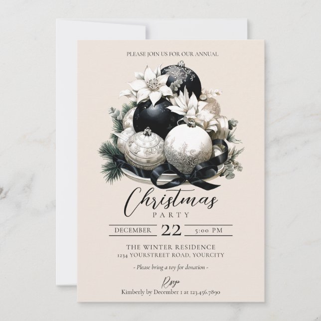 Elegant black beige ivory Christmas party Invitation (Front)