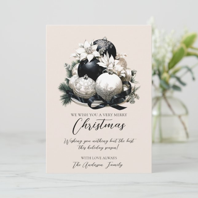 Elegant black beige ivory Merry Christmas ornament Holiday Card (Standing Front)