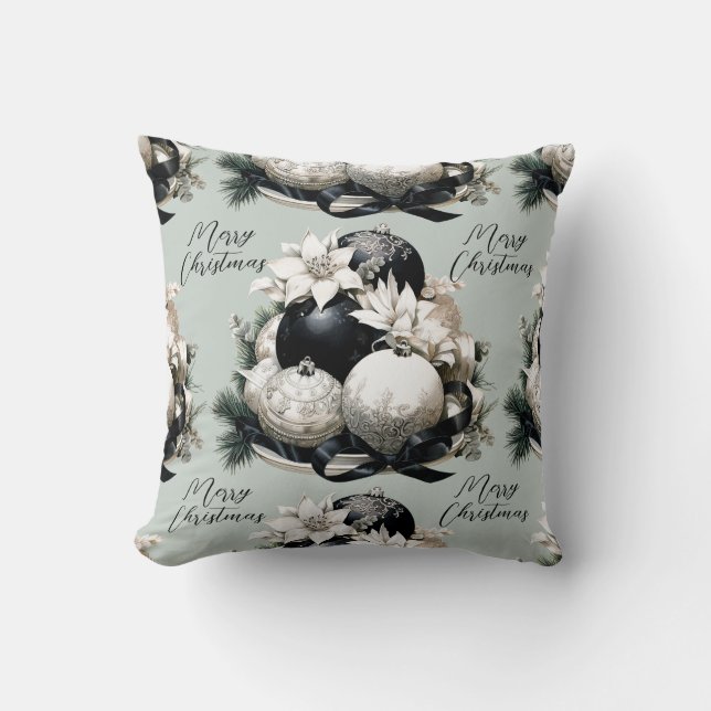 Elegant black beige sage green Christmas ornament Cushion (Front)