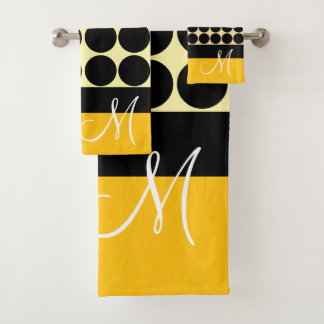 Elegant black beige & yellow dots monogram name bath towel set