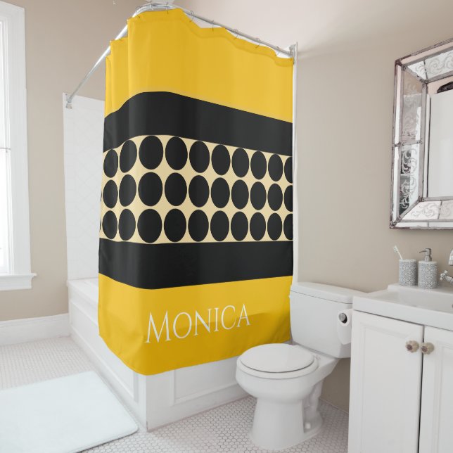 Elegant black  beige &  yellow dots monogram name shower curtain (In Situ)