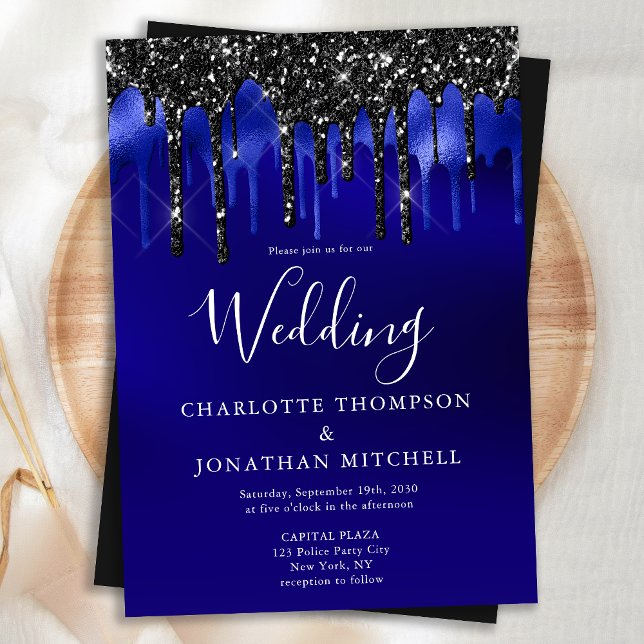 Elegant Black Blue Glitter Drips Police Wedding Invitation (Creator Uploaded)